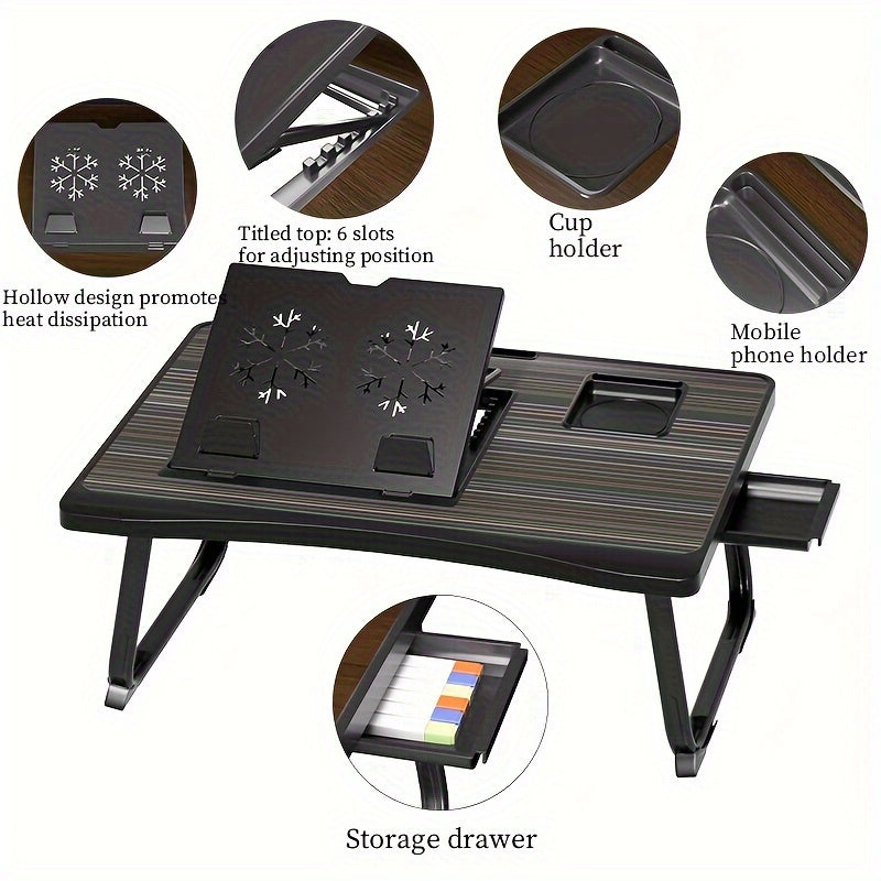 Mesa de cama portátil para portátil con portavasos y bandeja multifuncional - Escritorio de noche plegable con ranura para tarjeta para tableta, diseño robusto en forma de A, ligero y compacto para comer, leer, escribir en