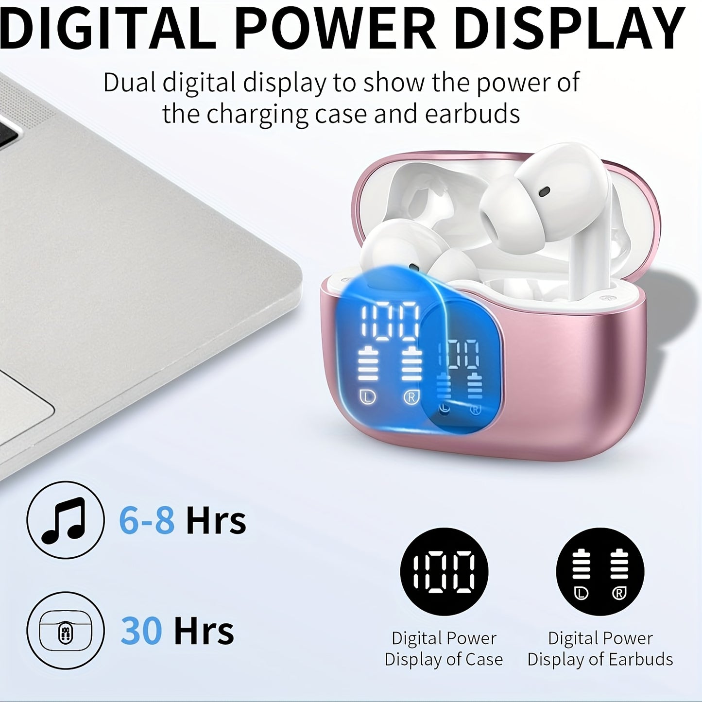 Auriculares inalámbricos 5.3 con sonido estéreo de graves, micrófono con cancelación de ruido y pantalla LED, intraaurales, 40 horas de reproducción, aptos para portátiles, tabletas, teléfonos móviles y para practicar