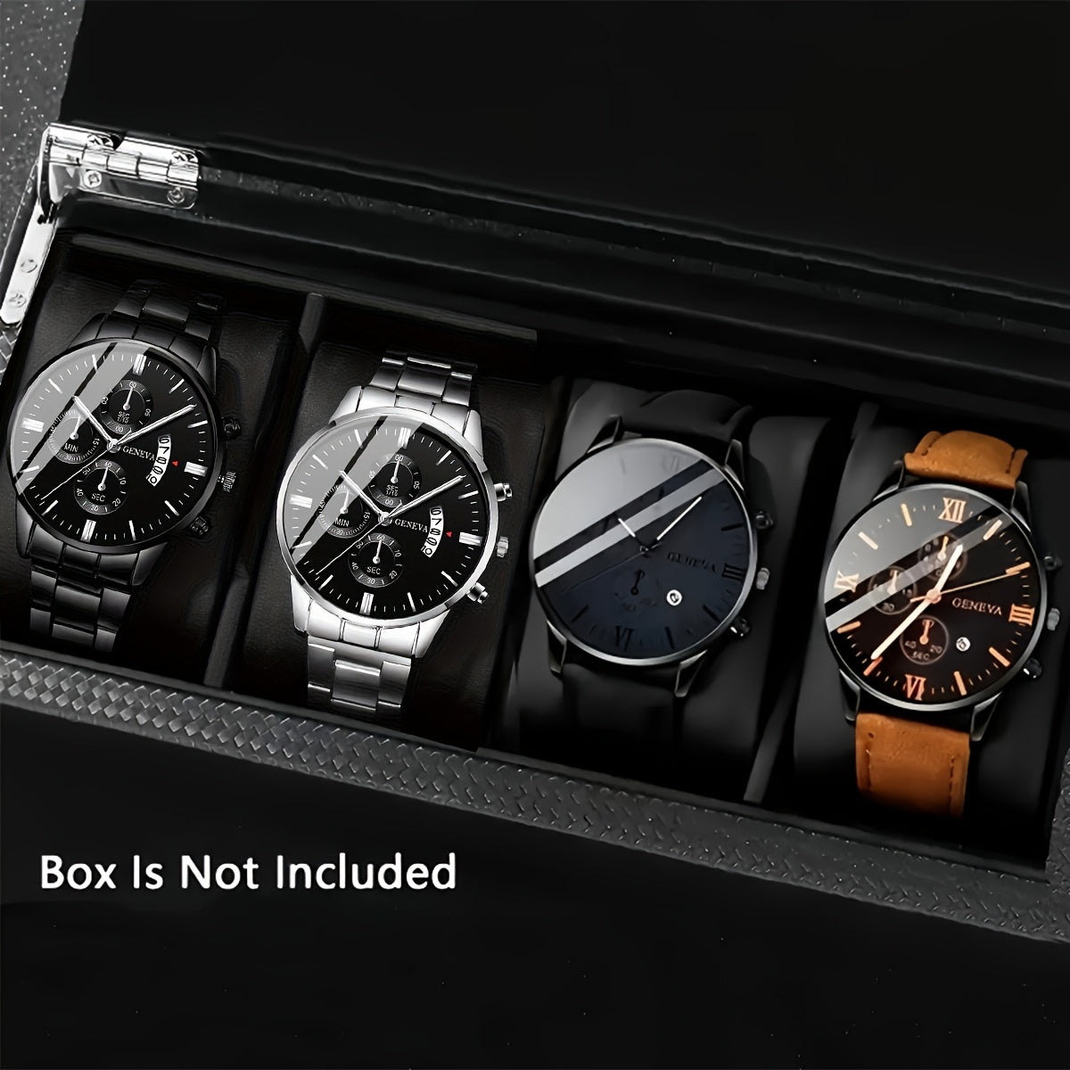[Conjunto de relojes con estilo] Juego de 4 relojes de cuarzo de moda para hombre: esfera redonda, correas de acero inoxidable y piel sintética, opciones en negro y marrón, ideal para cumpleaños, Eid, Navidad, San Valentí