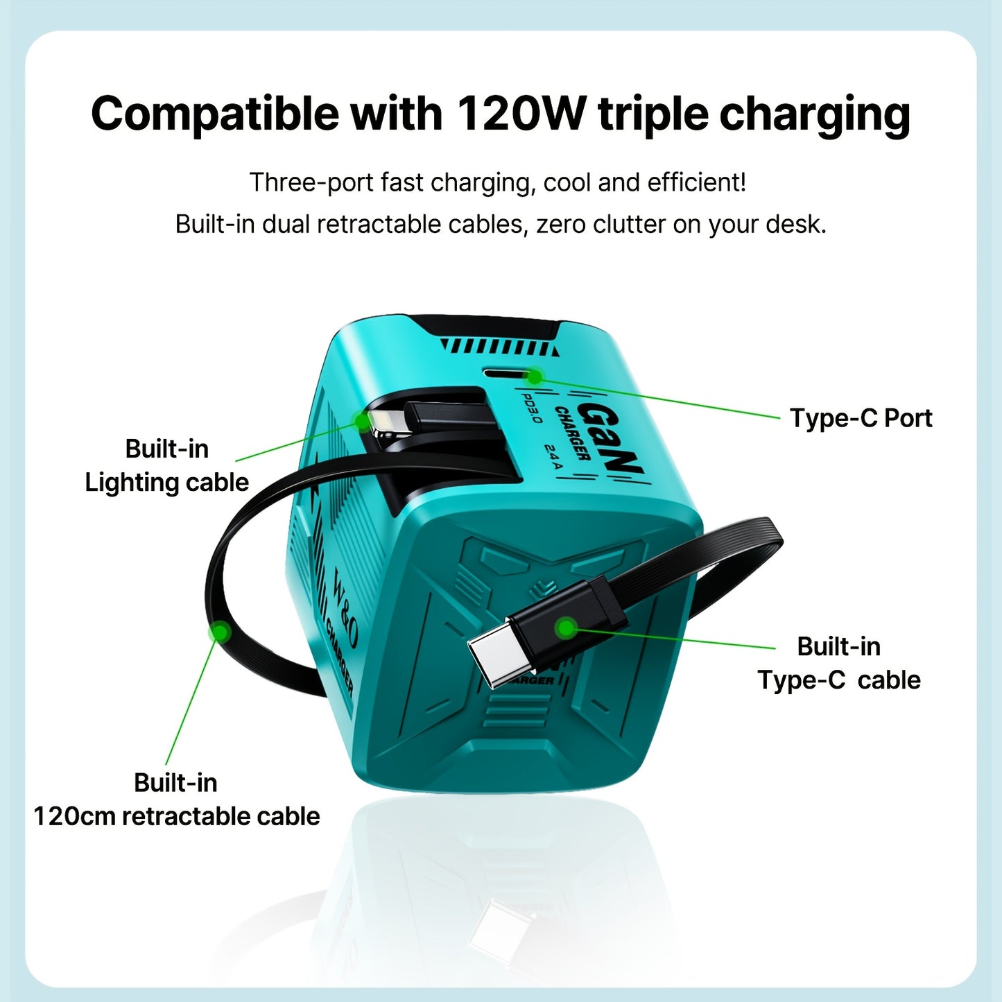 Cargador rápido portátil GaN de 120 W - Cable retráctil doble tipo C + Lightning de 120 cm, puerto de salida tipo C, enchufe plegable, duradero y antienredos - Compatible con iPhone 16/15/14/Plus/Pro Max, S25/S24 - Ideal p