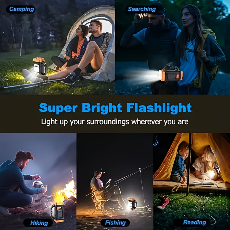Linterna LED solar recargable de mano de alta potencia para exteriores, ideal para camping, emergencias, caza y trabajo. Incluye protección y carga USB y tipo C.