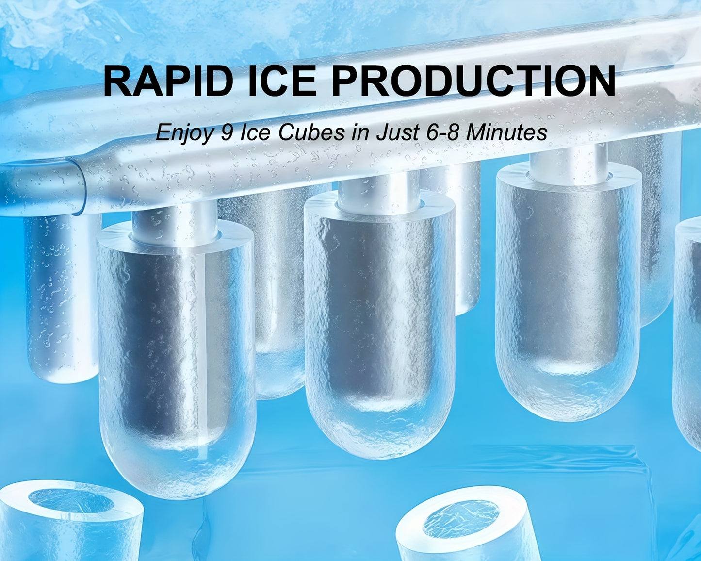 Máquina de hielo de mostrador con asa. Produce 11 kg de hielo en 24 horas y 9 cubitos de hielo en 6 minutos. Incluye canasta y pala para hielo.