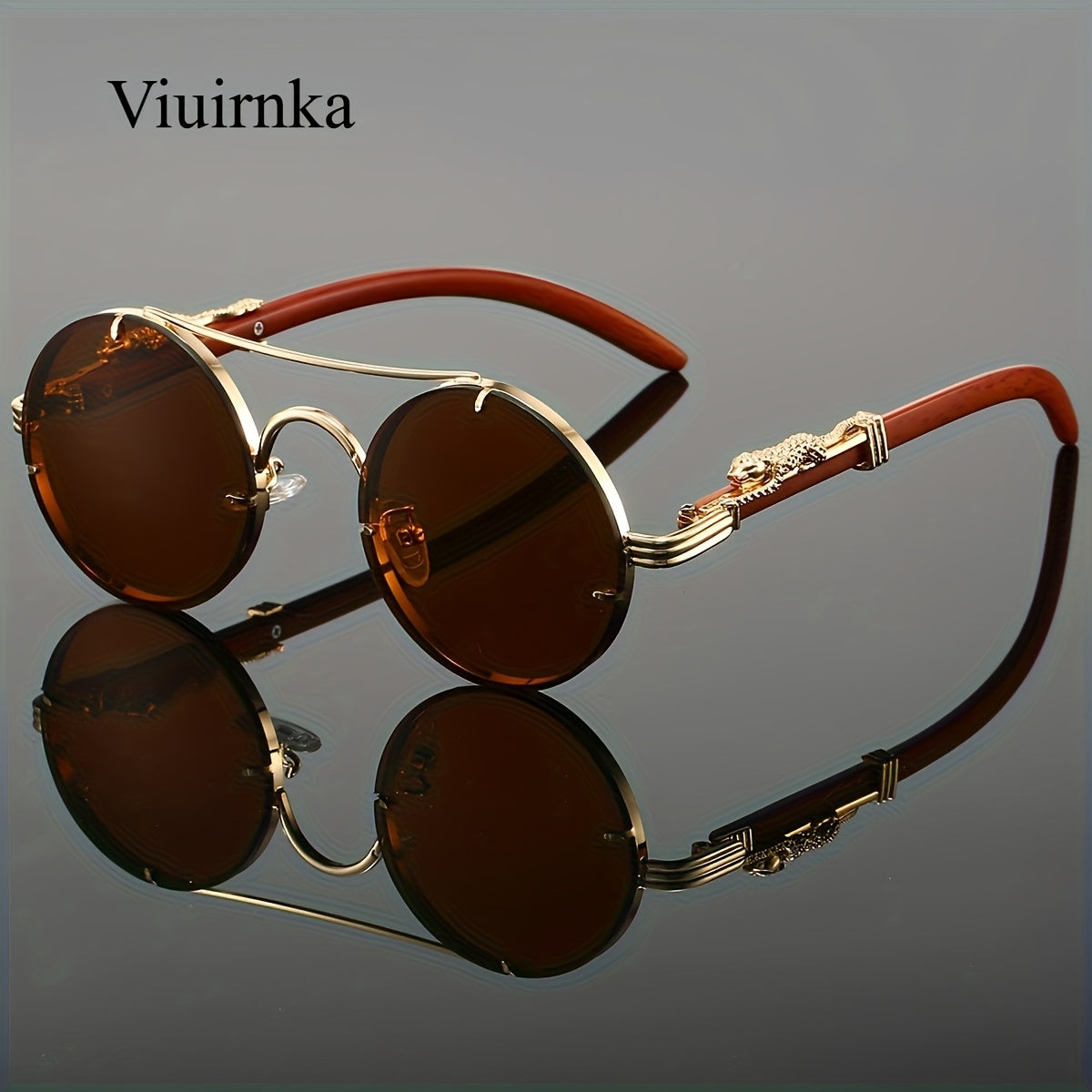 Gafas redondas unisex con doble puente, montura de metal, lentes de policarbonato antirreflejos con degradado, ideales para escalada y deportes, con bisagras con detalle de leopardo, ideales para fotografía callejera y regal