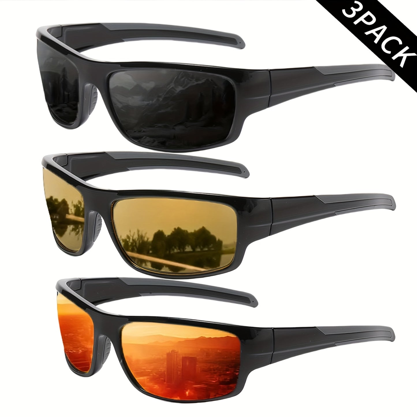 3 pares de gafas polarizadas para hombre y mujer, ligeras, clásicas, cuadradas, deportivas, resistentes a los rayos UV, ideales para ciclismo, conducción, running y pesca.