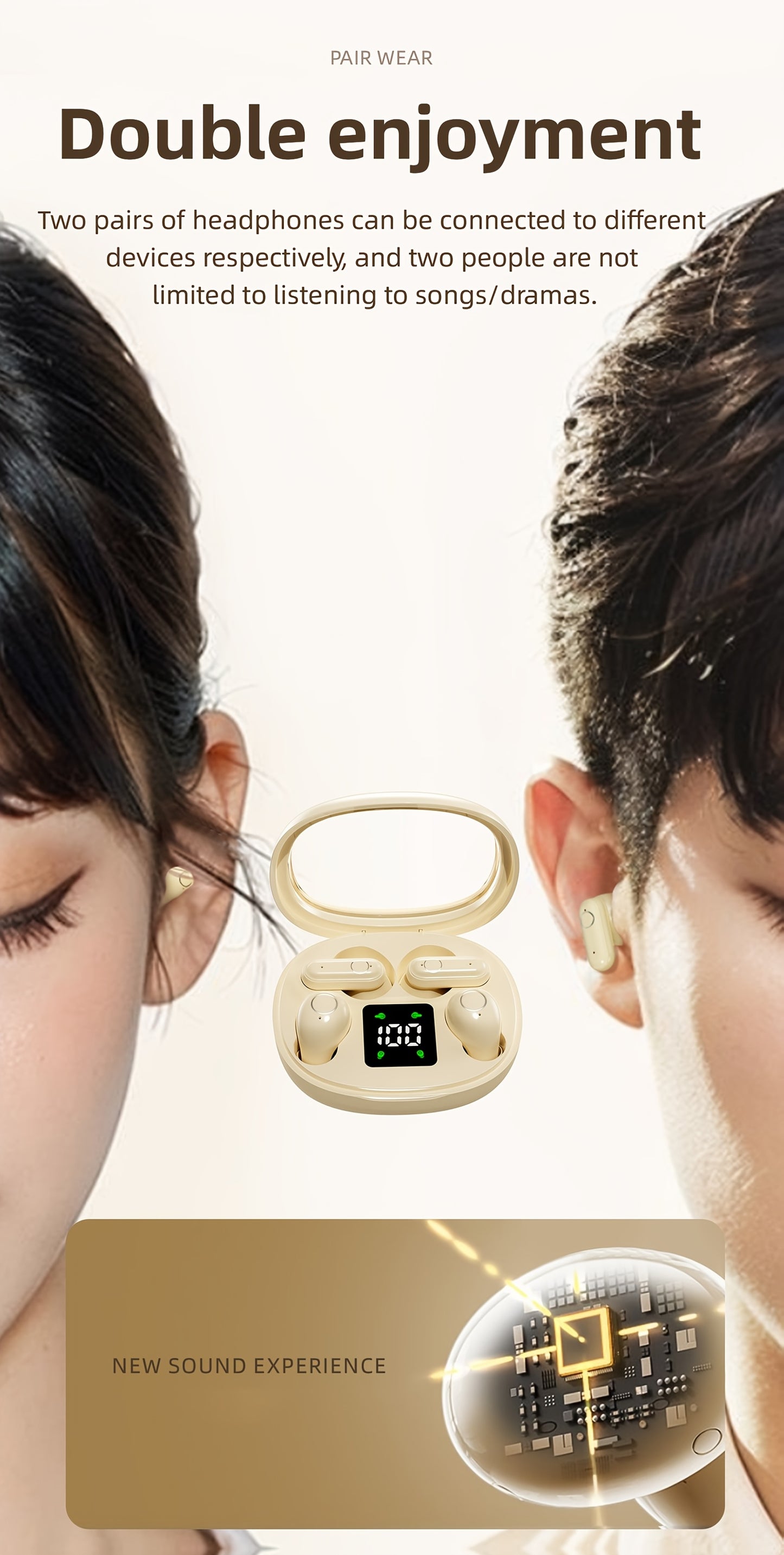 Auriculares inalámbricos deportivos ultracompactos con mango corto, estéreo de graves Hi-Fi, calidad de sonido dual 5.4, reducción de ruido cómoda, pantalla digital de alta definición con micrófono, tiempo de espera ult