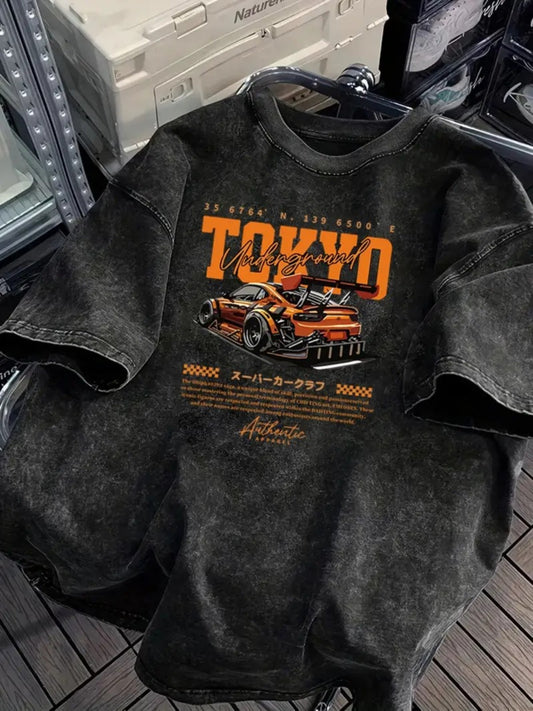 Camiseta desgastada vintage lavada de 230 g para hombre: camiseta retro de gran tamaño con estampado gráfico de Tokio y texto en japonés, camisa informal de corte holgado para hip-hop, campus y vestimenta informal, lavable