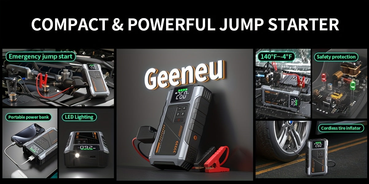 Arrancador de batería portátil inalámbrico de 4000 A con compresor de aire, cargador de batería portátil de 12 V (8,0 L de gas/1,72 galones de diésel), arranque rápido, entrada/salida USB, LED de emergencia, accesorios