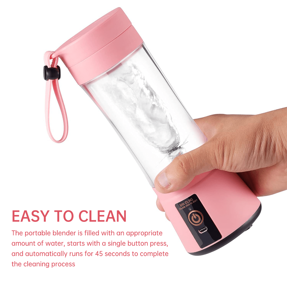 Licuadora portátil recargable de 12.85 oz, mini licuadora de jugos eléctrica USB de 1200 mAH, adecuada para batidos y licuados, jugo, 380 ml, seis cuchillas, perfecta para mezclar, rosa, negro, morado