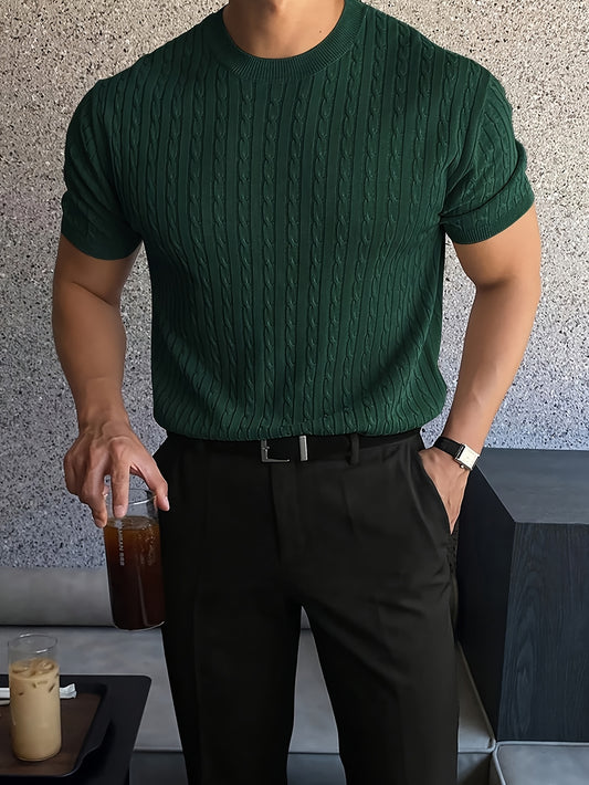 Suéter de punto trenzado con cuello redondo para hombre, manga corta y cuello acanalado
