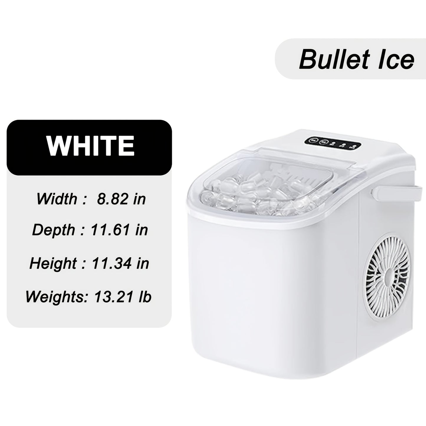 Máquina de hielo de mostrador con asa. Produce 11 kg de hielo en 24 horas y 9 cubitos de hielo en 6 minutos. Incluye canasta y pala para hielo.