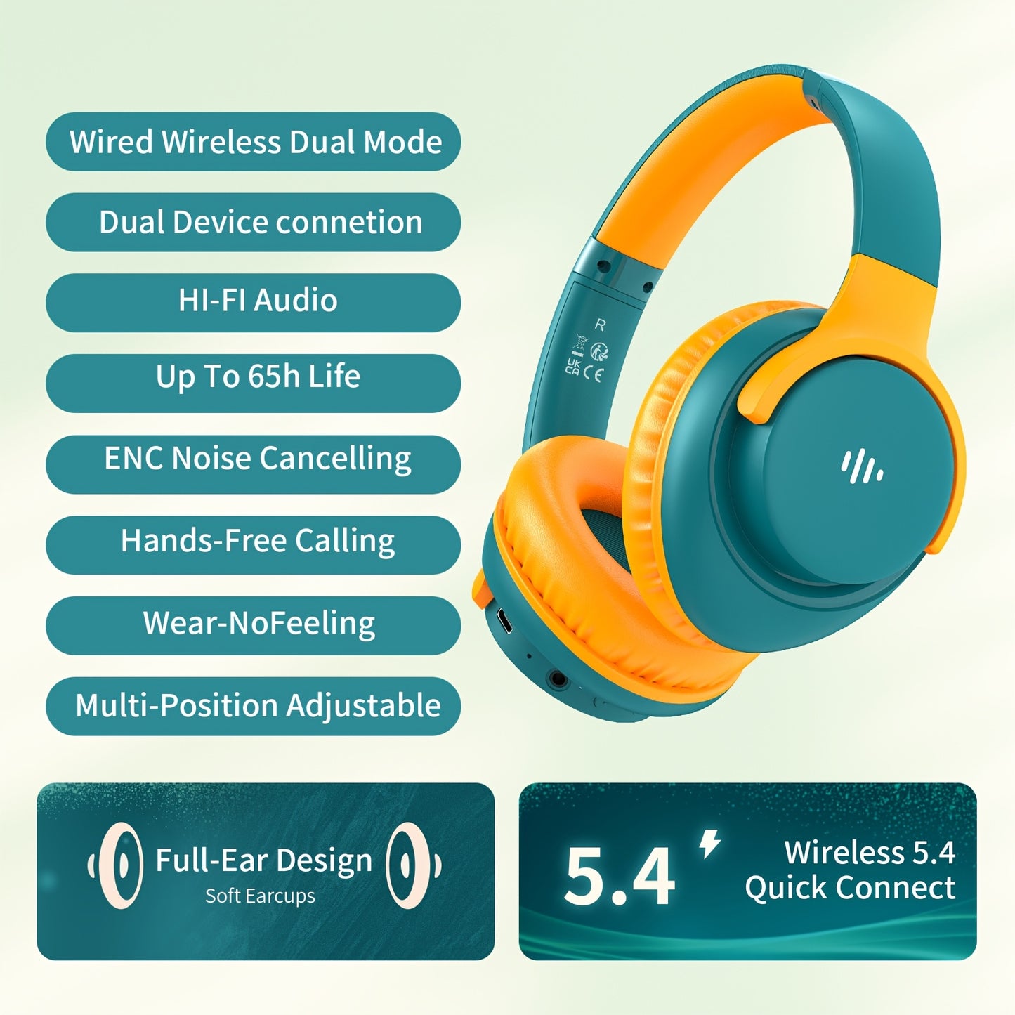 Auriculares supraaurales con micrófono, 65 horas de reproducción, ligeros, plegables y portátiles, con graves estéreo, llamadas manos libres, ideales para juegos, PC y teléfonos móviles, con cancelación de ruido ENC |