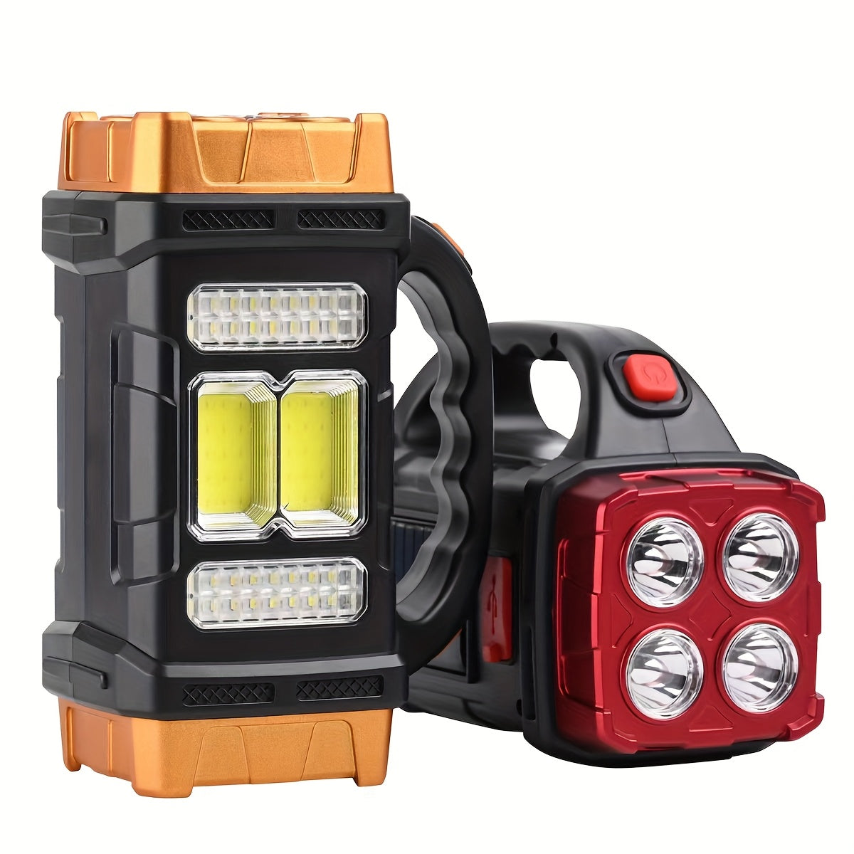 Linterna LED solar recargable de mano de alta potencia para exteriores, ideal para camping, emergencias, caza y trabajo. Incluye protección y carga USB y tipo C.