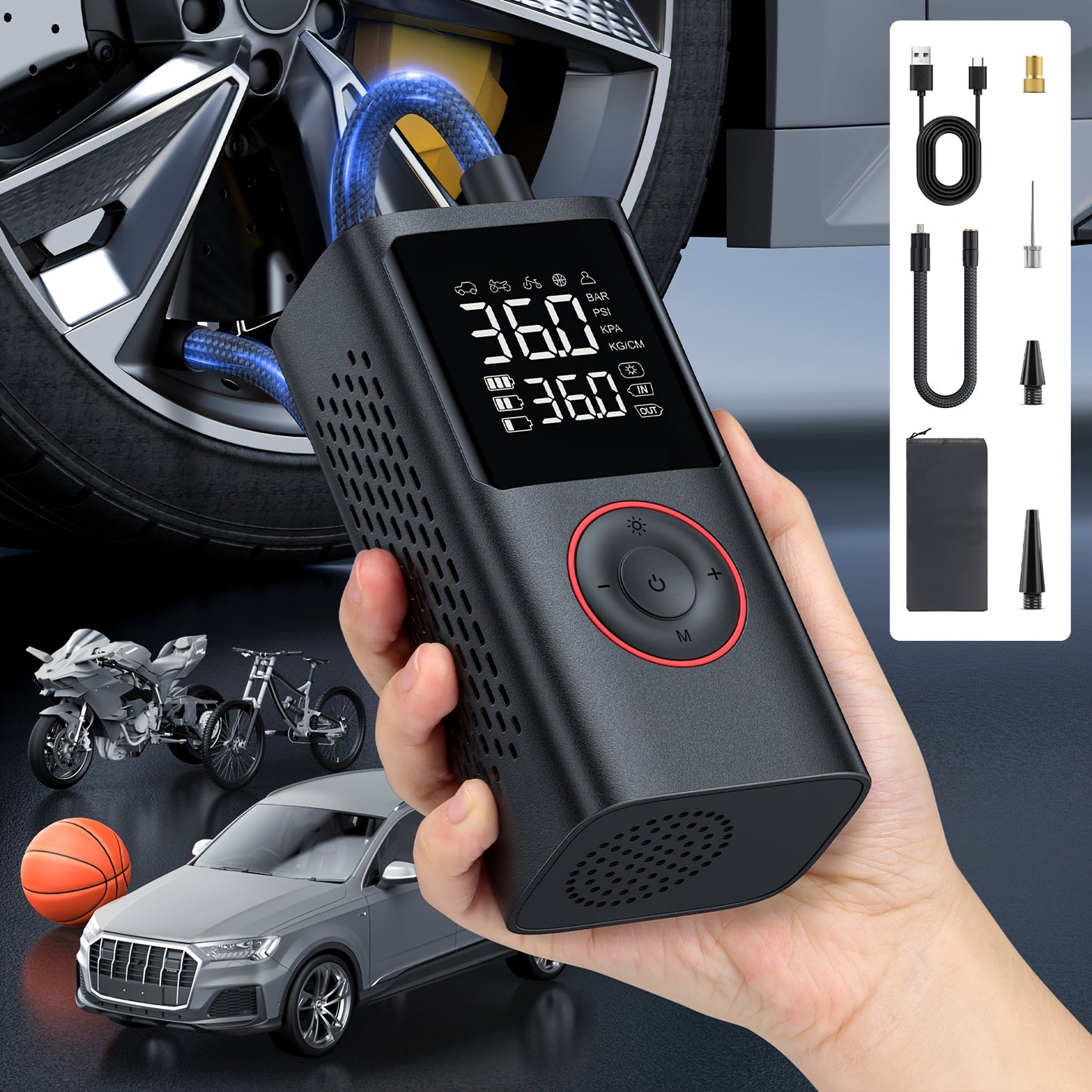 Inflador de neumáticos inalámbrico: compresor de aire inalámbrico con indicador digital y luz LED, recargable por USB, inflado dos veces más rápido para SUV, coches, bicicletas, motocicletas, equipos deportivos y balones