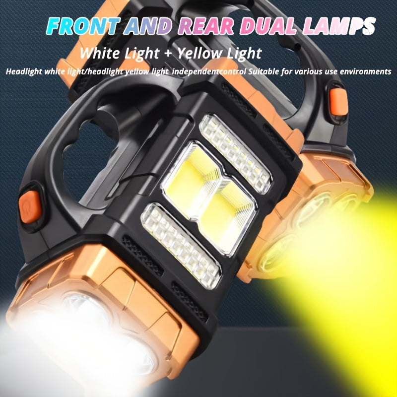 Linterna LED solar recargable de mano de alta potencia para exteriores, ideal para camping, emergencias, caza y trabajo. Incluye protección y carga USB y tipo C.