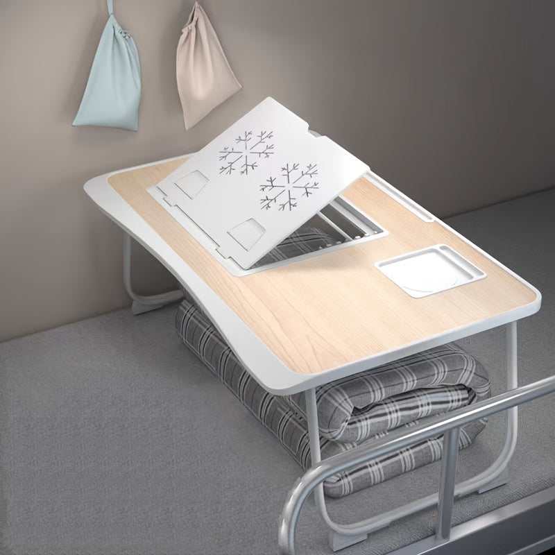 Mesa de cama portátil para portátil con portavasos y bandeja multifuncional - Escritorio de noche plegable con ranura para tarjeta para tableta, diseño robusto en forma de A, ligero y compacto para comer, leer, escribir en
