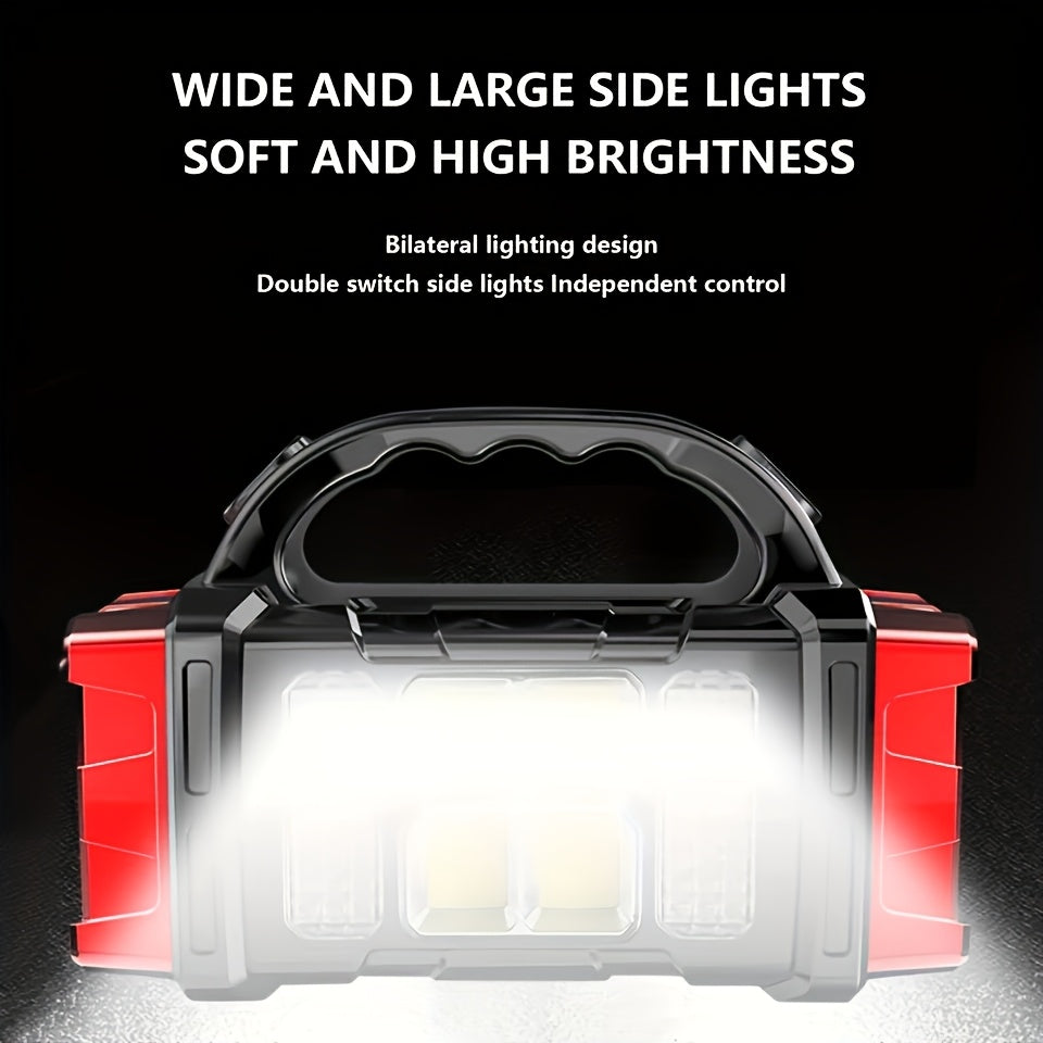 Linterna LED solar recargable de mano de alta potencia para exteriores, ideal para camping, emergencias, caza y trabajo. Incluye protección y carga USB y tipo C.