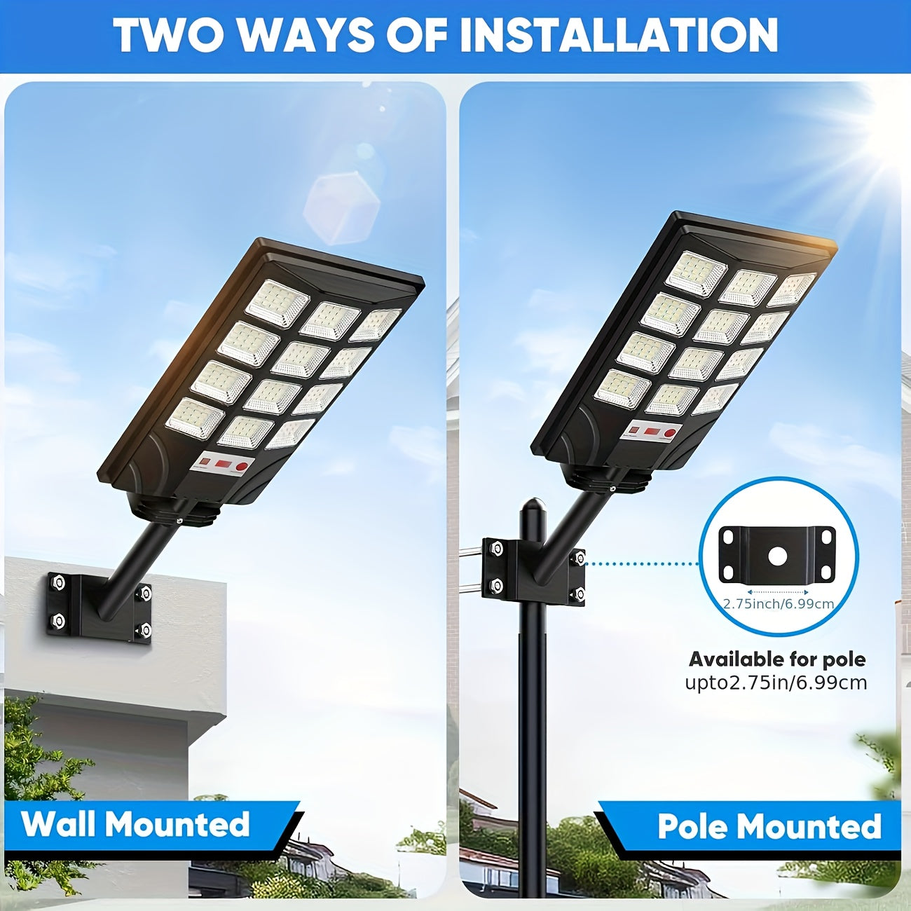 Farola solar para exteriores (paquete de 4 o 2 unidades), 400 LED, sensor impermeable de 6500 K, luz solar con control remoto, iluminación nocturna para estacionamientos comerciales, atenuación gradual.