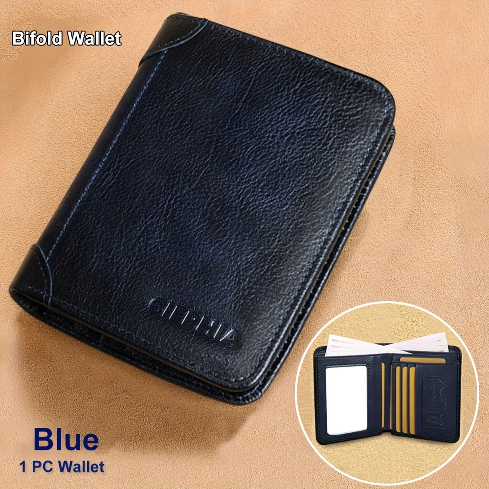 [Cartera de cuero RFID] Regalos para el Día del Padre para hombres, billeteras triples de cuero genuino con bloqueo RFID para hombre, tarjetero multifunción vintage de piel de vacuno de primera capa, pinzas para billetes co