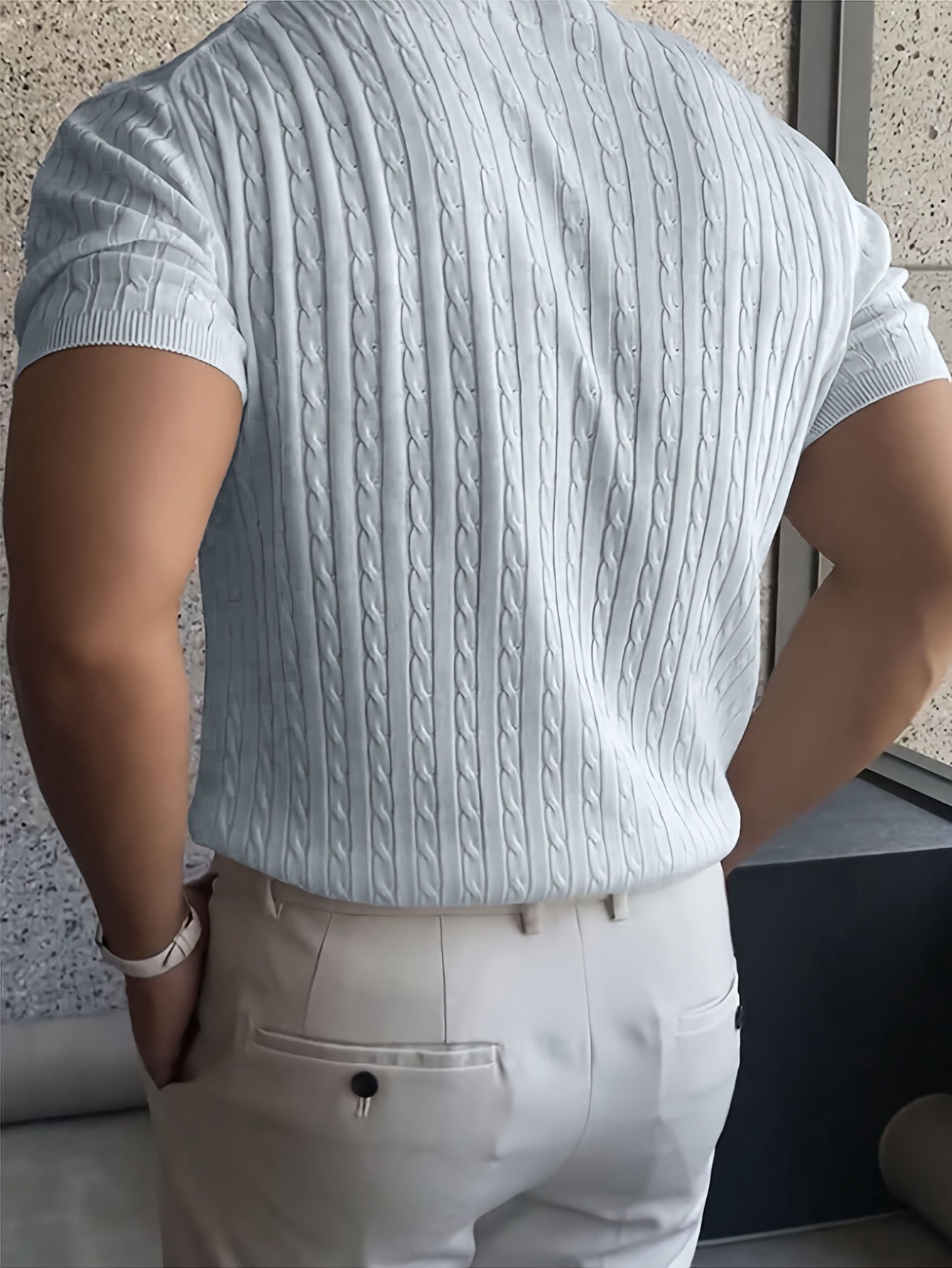 Suéter de punto trenzado con cuello redondo para hombre, manga corta y cuello acanalado