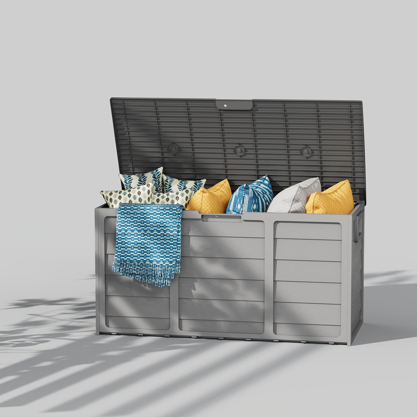 Caja de almacenamiento exterior de resina de 75 galones con asas. Ideal para accesorios de piscina, herramientas de jardín, equipo de camping, regalo navideño. Fácil de montar. Ideal como caja, armario o estante para almac