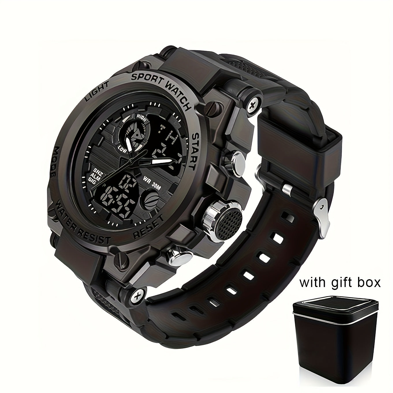 Reloj deportivo LED digital y analógico resistente para hombre (hasta 30 m, cronómetro, pantalla dual, correa de resina negra duradera, caja de aleación de zinc, para aventuras al aire libre).