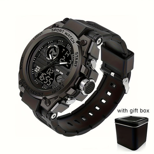 Reloj deportivo LED digital y analógico resistente para hombre (hasta 30 m, cronómetro, pantalla dual, correa de resina negra duradera, caja de aleación de zinc, para aventuras al aire libre).