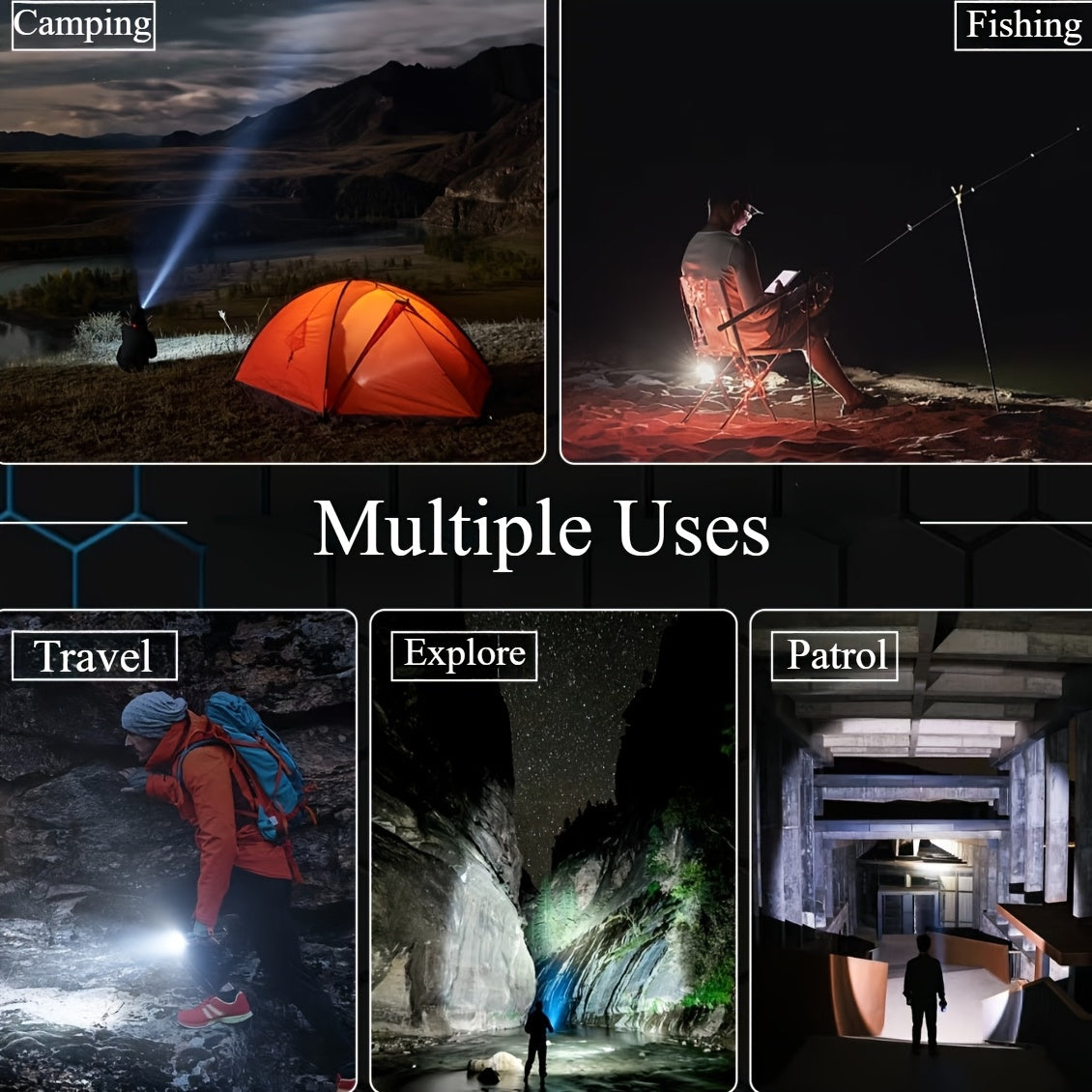 4 linternas LED recargables de alta potencia con foco con zoom y cable USB. Superbrillantes, de largo alcance, luz de trabajo táctica para camping, senderismo, emergencias y viajes. Equipo de senderismo. Linterna robusta. Li