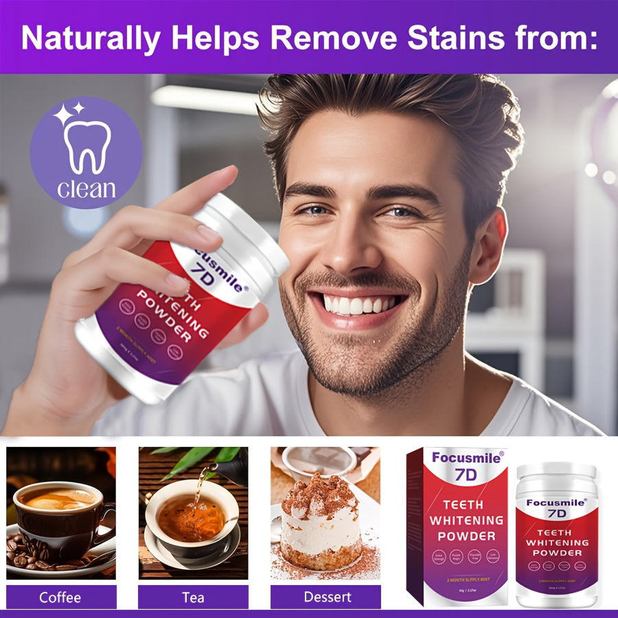Polvo dental  morado FOCUSMILE - PAP, con saber refrescante a menta que elimina la suciedad de los dientes. No sensible.