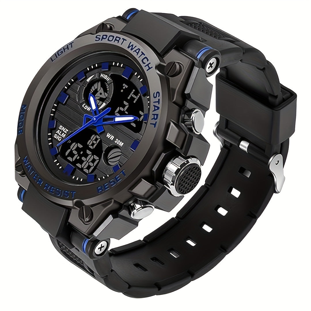 Reloj deportivo LED digital y analógico resistente para hombre (hasta 30 m, cronómetro, pantalla dual, correa de resina negra duradera, caja de aleación de zinc, para aventuras al aire libre).