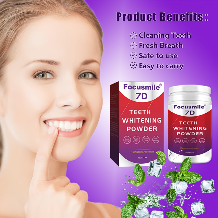 Polvo dental  morado FOCUSMILE - PAP, con saber refrescante a menta que elimina la suciedad de los dientes. No sensible.