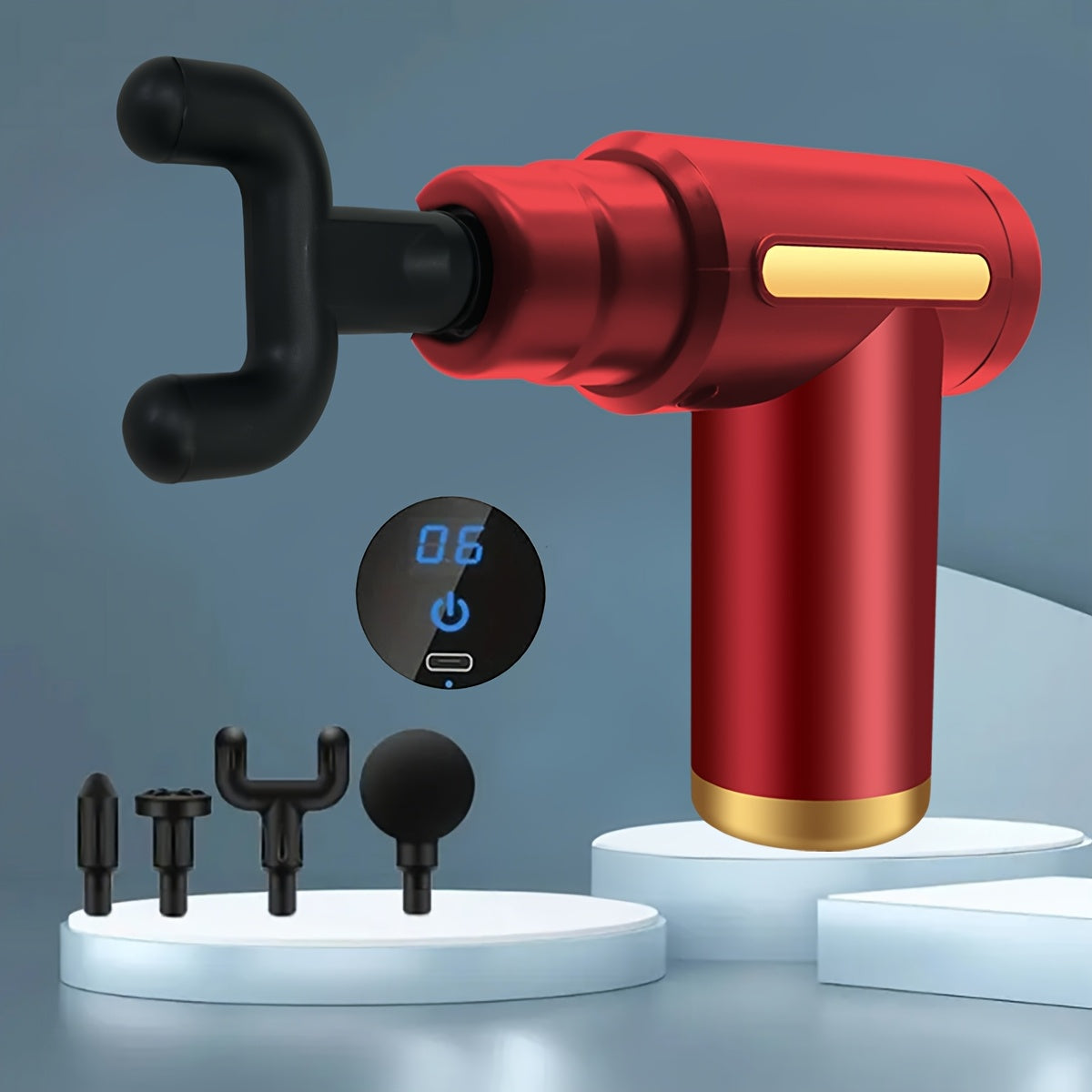 Pistola de masaje fascial eléctrica, masajeador muscular portátil con pantalla táctil LED y 4 cabezales de masaje, mini motor sin escobillas ultrasilencioso de mano para deportes y fitness.