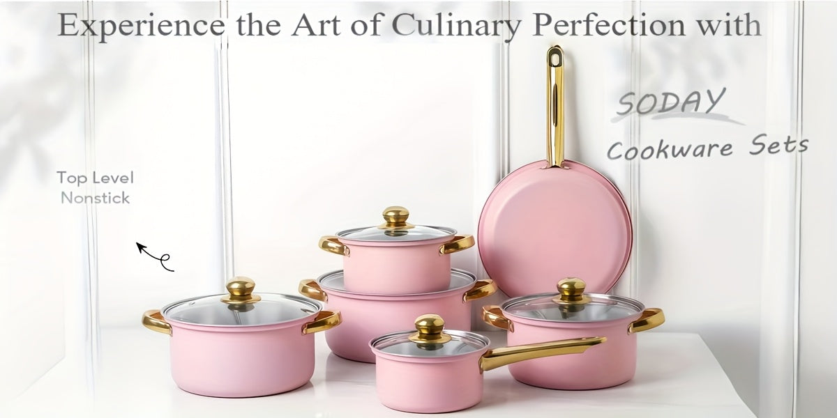 set de 12 ollas de acero inoxidable con tapa de vidrio y mango de acero inoxidable 16/ 18/20/22/24 cm.