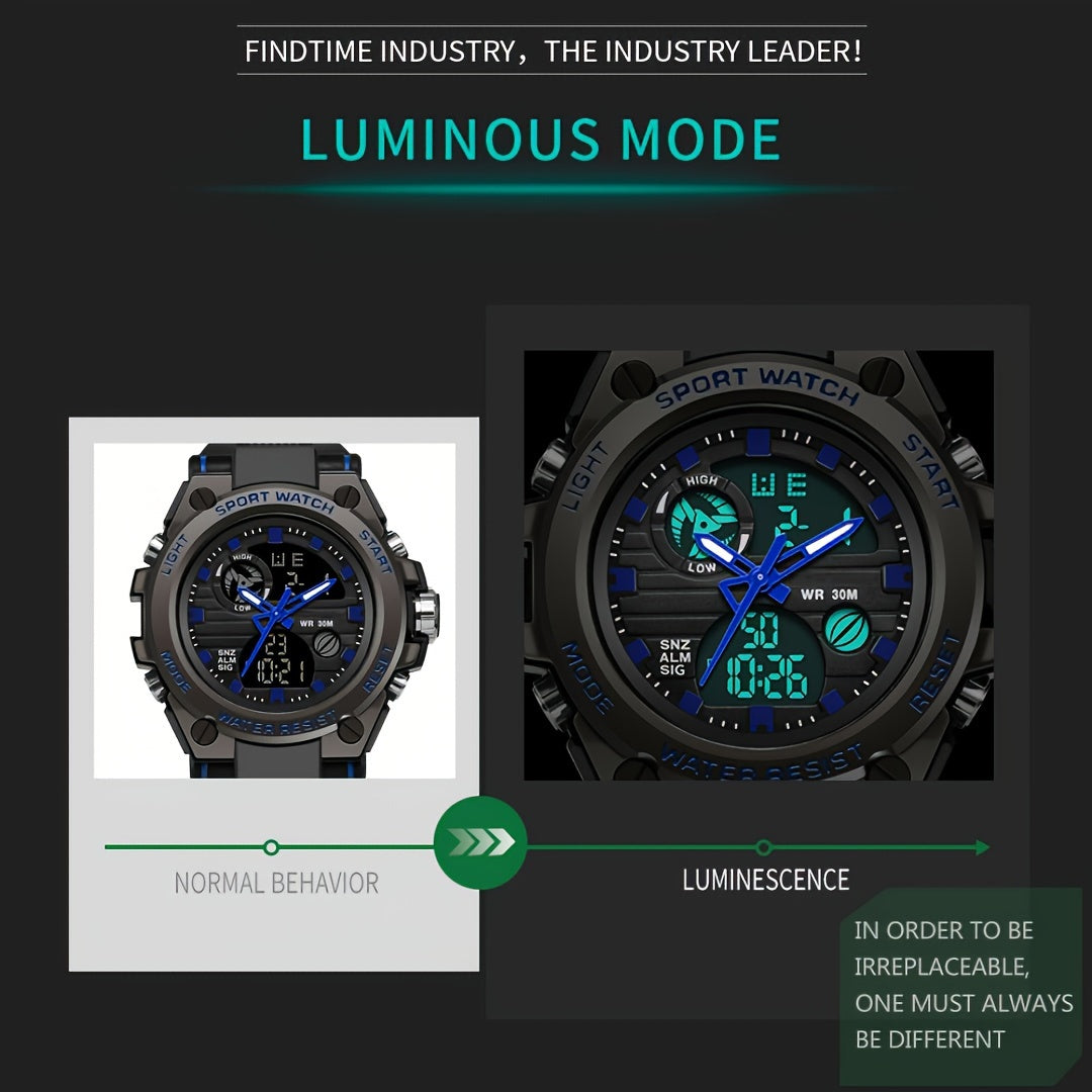 Reloj deportivo LED digital y analógico resistente para hombre (hasta 30 m, cronómetro, pantalla dual, correa de resina negra duradera, caja de aleación de zinc, para aventuras al aire libre).