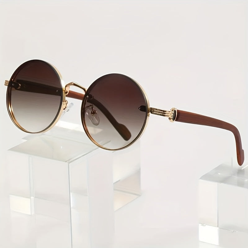 Gafas de moda con montura redonda de metal estilo steampunk retro y patas con vetas de madera, ideales para fiestas deportivas al aire libre, viajes, conducción, pesca y accesorios fotográficos.
