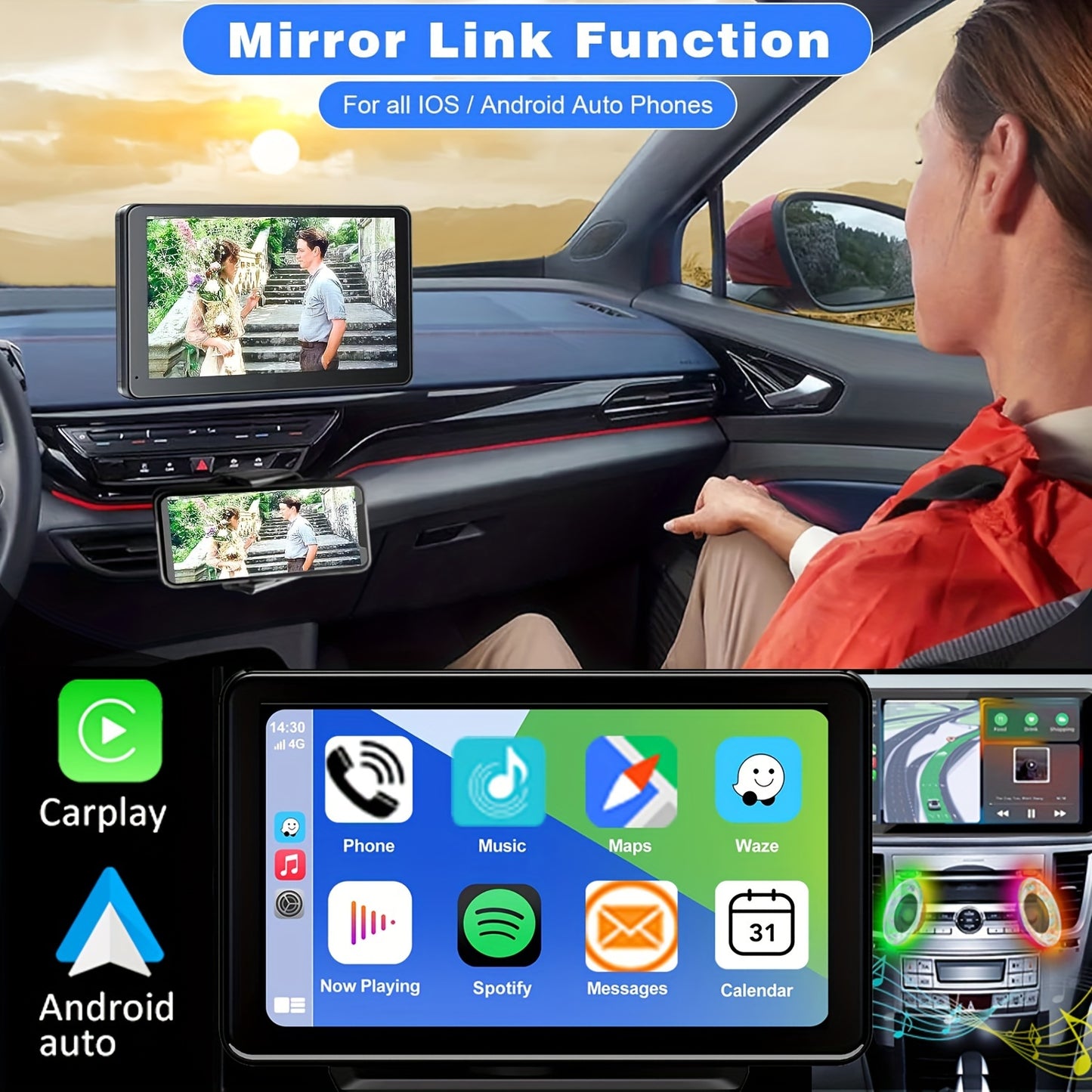 Pantalla inalámbrica para coche de 7 pulgadas (2025), con audio, pantalla táctil de ultraalta definición, cámara de marcha atrás de 1080p, grabadora de conducción, conexión inalámbrica, navegación GPS, compatible con