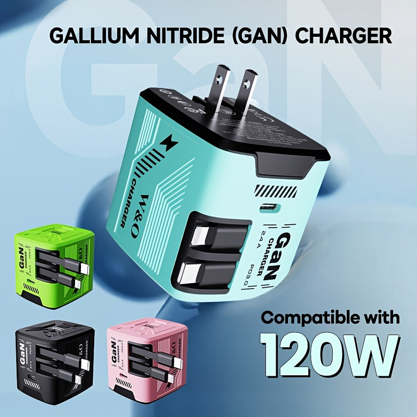 Cargador rápido portátil GaN de 120 W - Cable retráctil doble tipo C + Lightning de 120 cm, puerto de salida tipo C, enchufe plegable, duradero y antienredos - Compatible con iPhone 16/15/14/Plus/Pro Max, S25/S24 - Ideal p