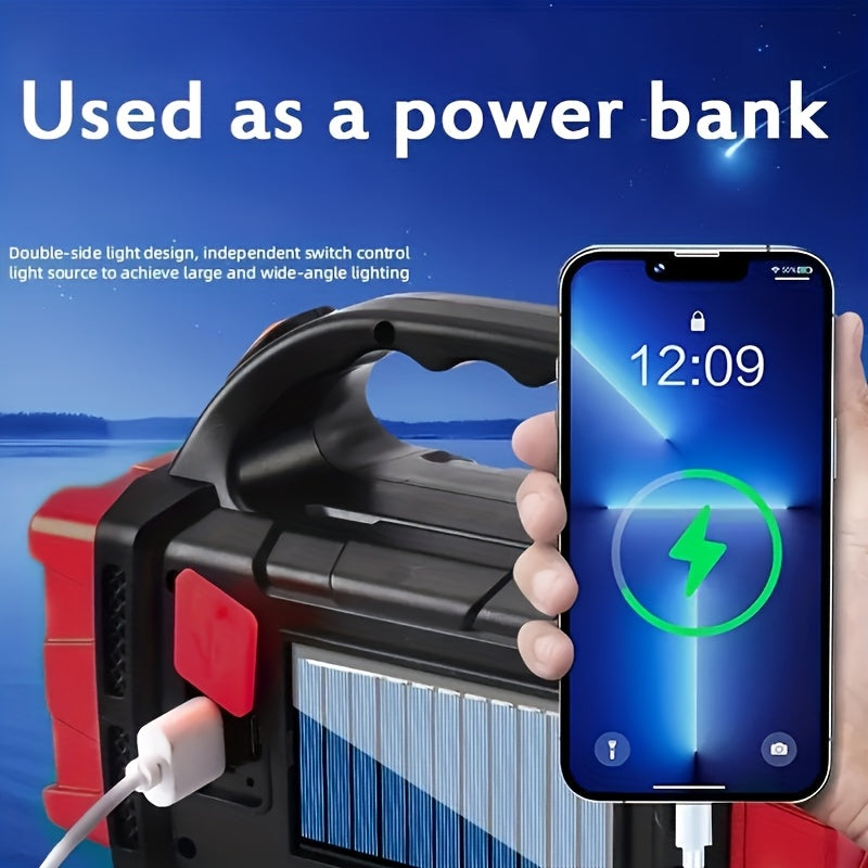 Linterna LED solar recargable de mano de alta potencia para exteriores, ideal para camping, emergencias, caza y trabajo. Incluye protección y carga USB y tipo C.