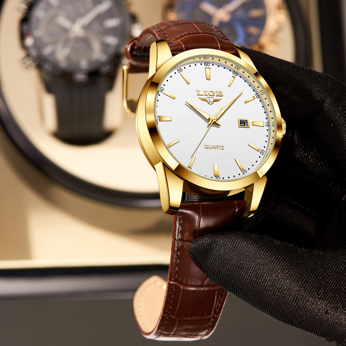 Hermoso reloj de cuarzo para hombre con correa de piel sintética. Ideal para negocio y ocasiones formales.