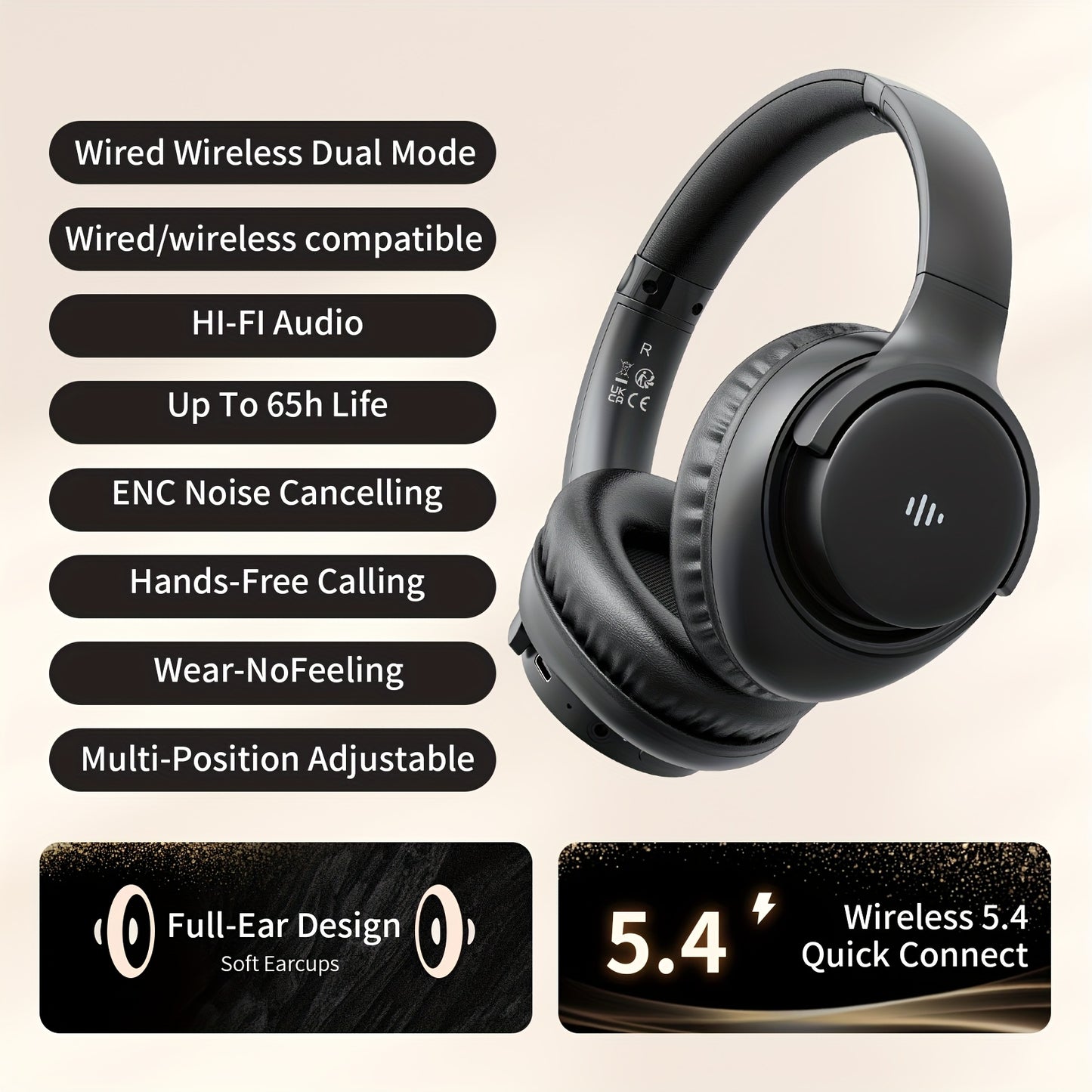 Auriculares supraaurales con micrófono, 65 horas de reproducción, ligeros, plegables y portátiles, con graves estéreo, llamadas manos libres, ideales para juegos, PC y teléfonos móviles, con cancelación de ruido ENC |