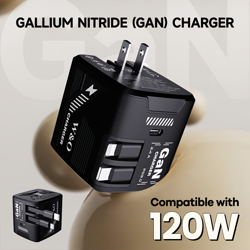 Cargador rápido portátil GaN de 120 W - Cable retráctil doble tipo C + Lightning de 120 cm, puerto de salida tipo C, enchufe plegable, duradero y antienredos - Compatible con iPhone 16/15/14/Plus/Pro Max, S25/S24 - Ideal p