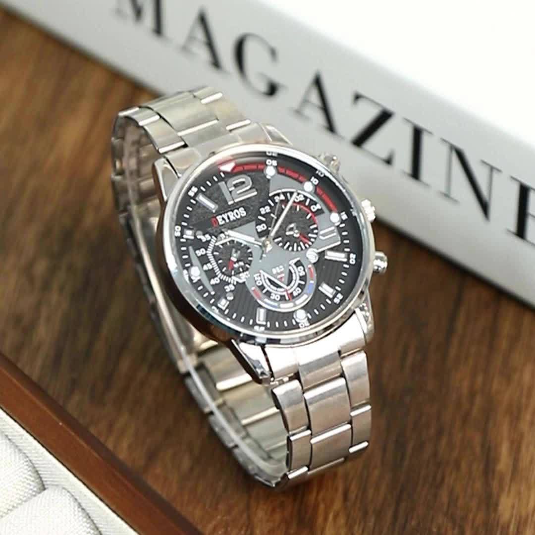 [Conjunto de relojes con estilo] Juego de 4 relojes de cuarzo de moda para hombre: esfera redonda, correas de acero inoxidable y piel sintética, opciones en negro y marrón, ideal para cumpleaños, Eid, Navidad, San Valentí