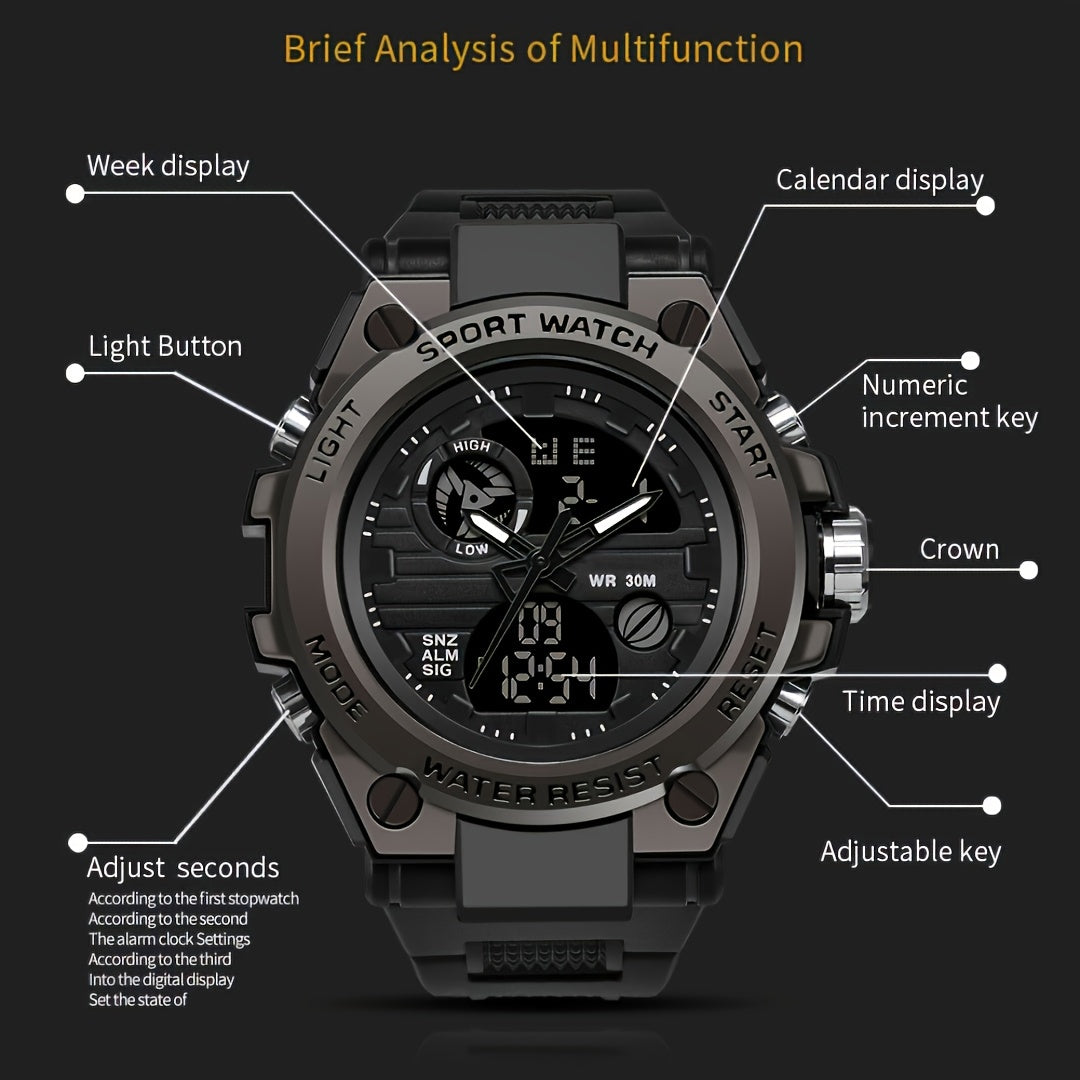 Reloj deportivo LED digital y analógico resistente para hombre (hasta 30 m, cronómetro, pantalla dual, correa de resina negra duradera, caja de aleación de zinc, para aventuras al aire libre).