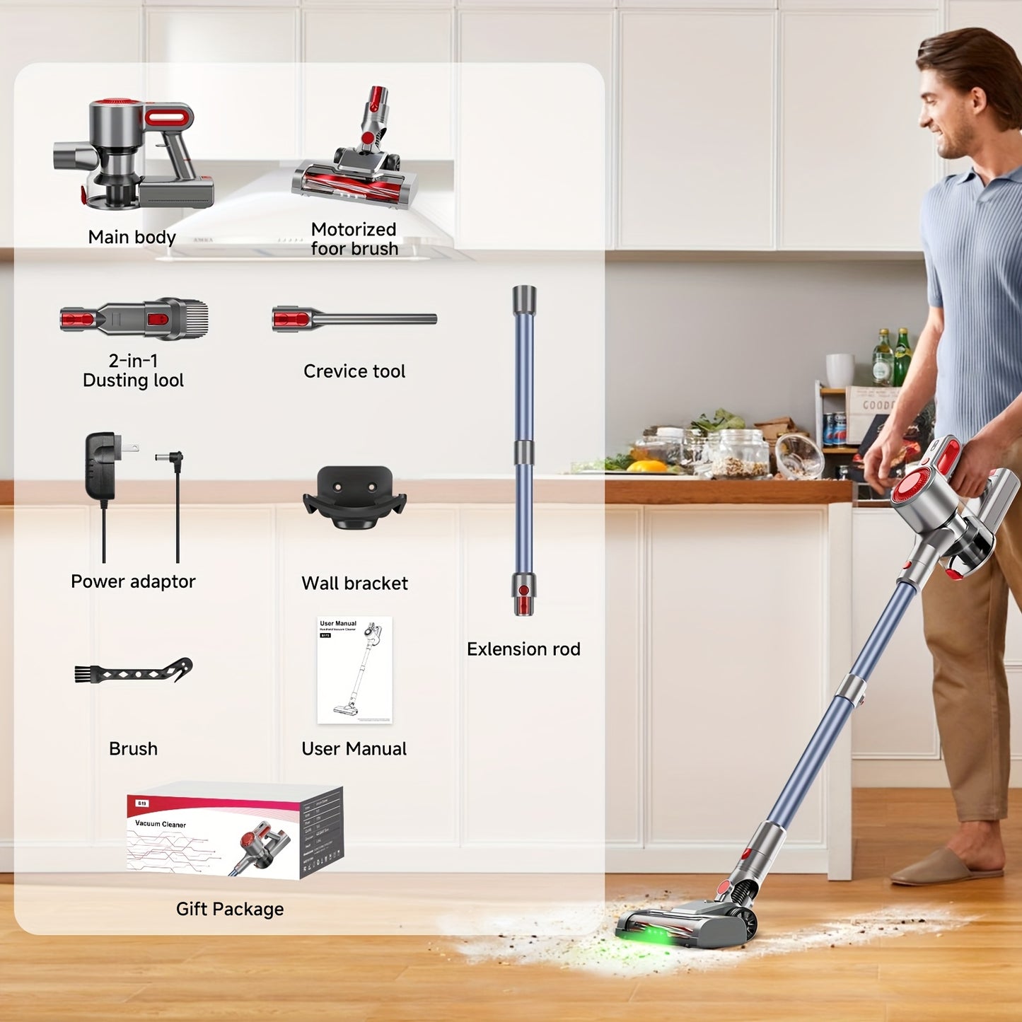 Aspiradora ligera de 35-45 kPa con LED verde mejorado, cepillo antienredos, batería extraíble, múltiples niveles de succión, hasta 45 minutos de autonomía, accesorio para coche de mujer, aspiradora para alfombras, pelo d