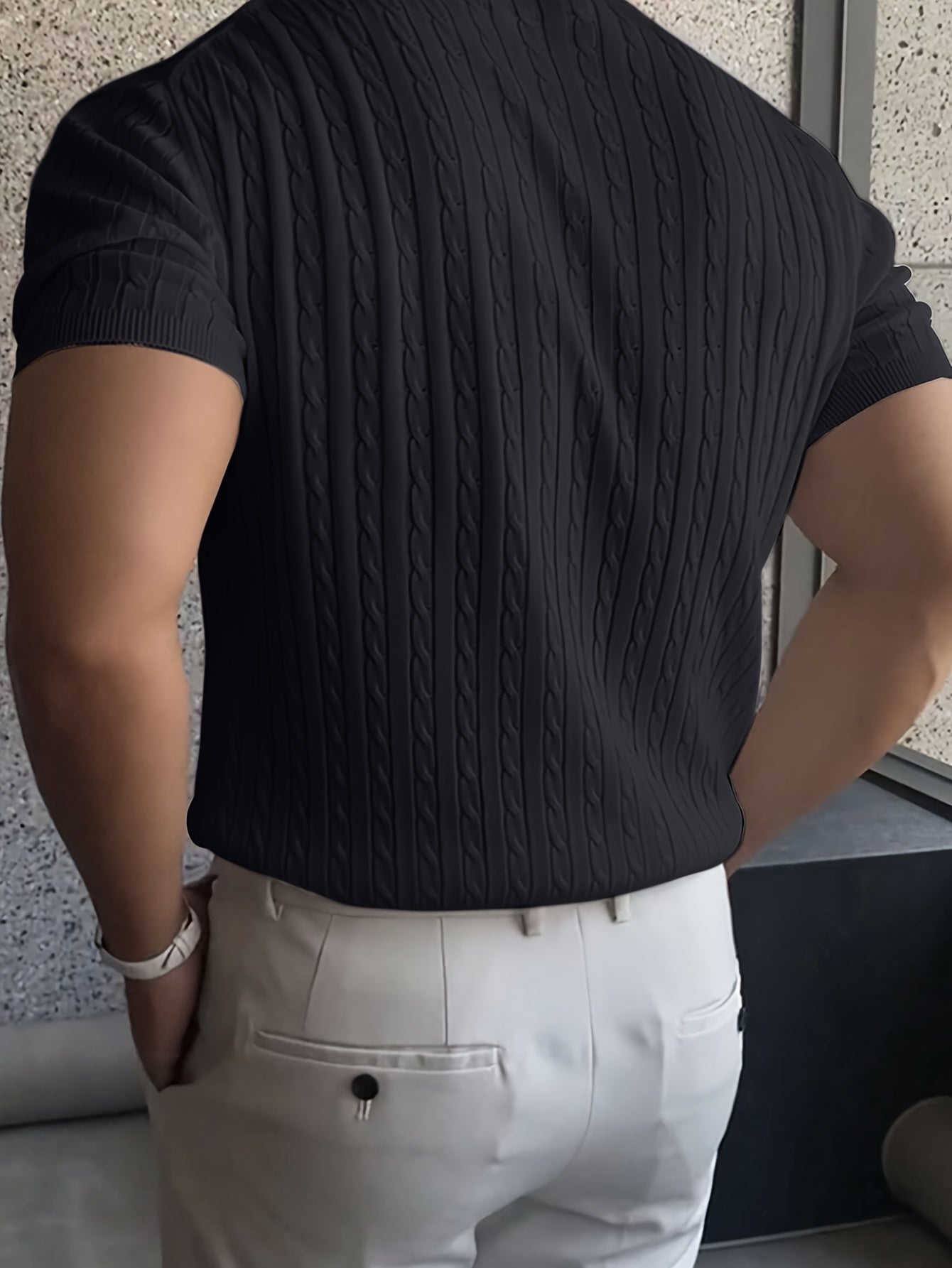 Suéter de punto trenzado con cuello redondo para hombre, manga corta y cuello acanalado