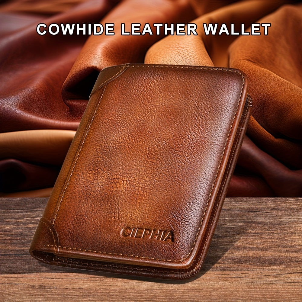 [Cartera de cuero RFID] Regalos para el Día del Padre para hombres, billeteras triples de cuero genuino con bloqueo RFID para hombre, tarjetero multifunción vintage de piel de vacuno de primera capa, pinzas para billetes co