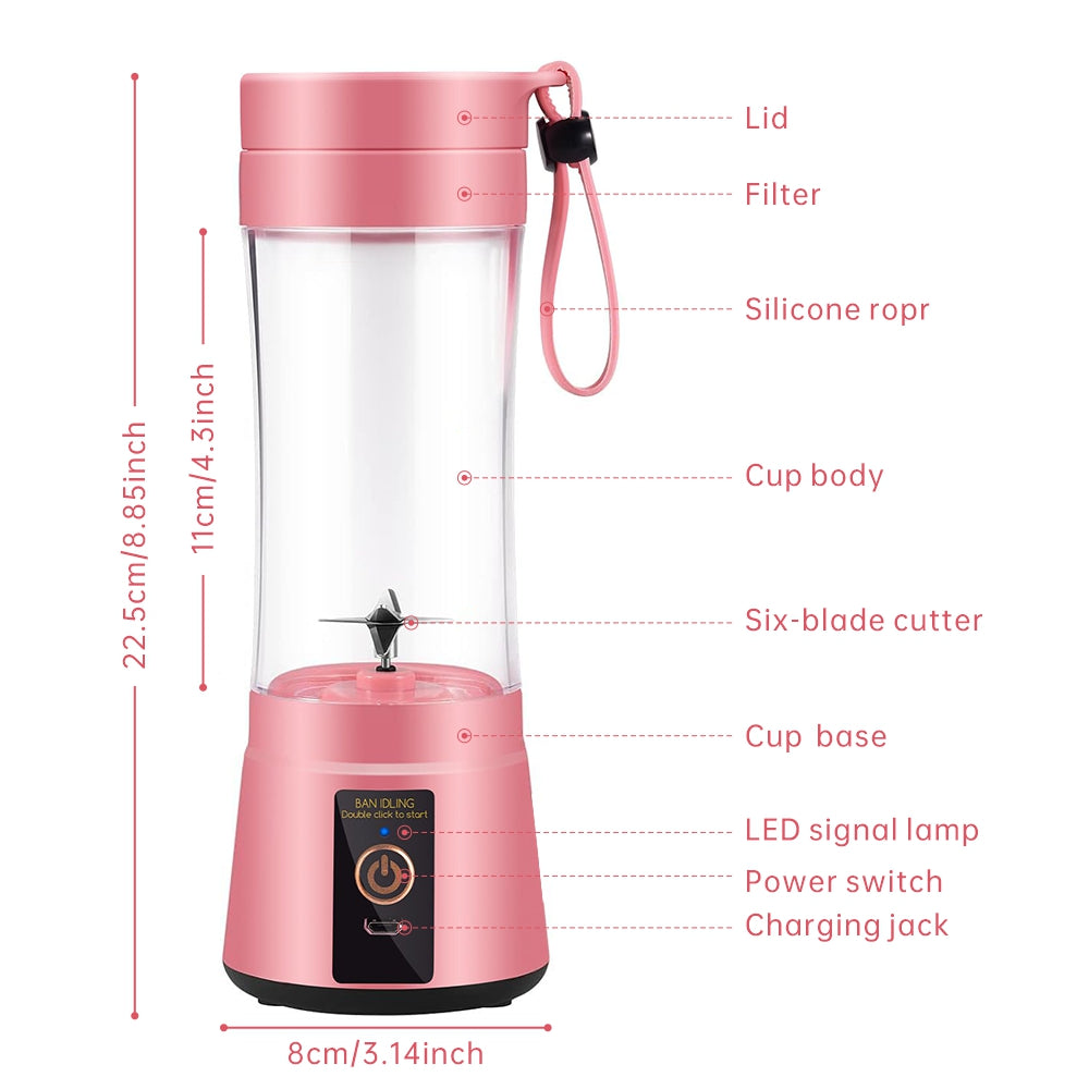 Licuadora portátil recargable de 12.85 oz, mini licuadora de jugos eléctrica USB de 1200 mAH, adecuada para batidos y licuados, jugo, 380 ml, seis cuchillas, perfecta para mezclar, rosa, negro, morado