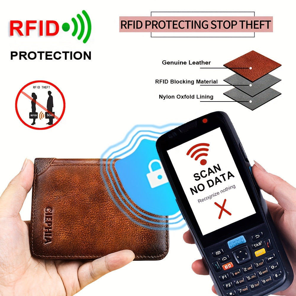 [Cartera de cuero RFID] Regalos para el Día del Padre para hombres, billeteras triples de cuero genuino con bloqueo RFID para hombre, tarjetero multifunción vintage de piel de vacuno de primera capa, pinzas para billetes co