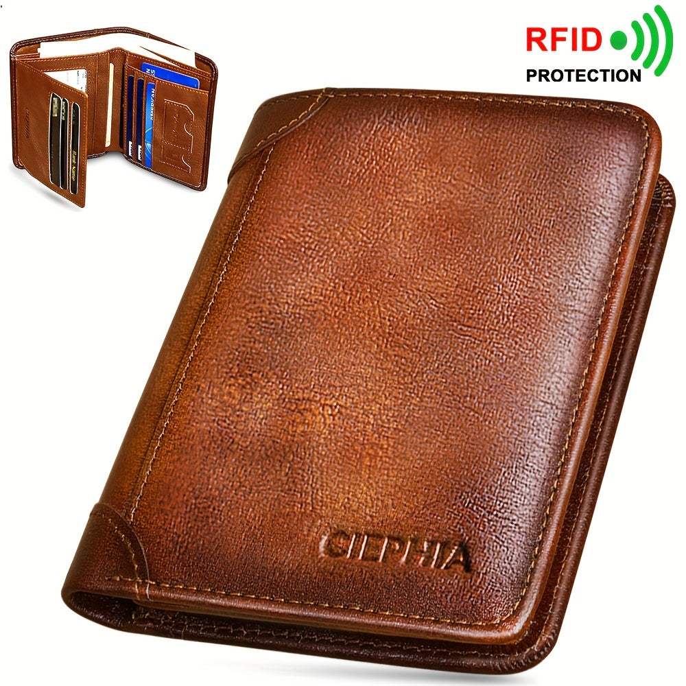 [Cartera de cuero RFID] Regalos para el Día del Padre para hombres, billeteras triples de cuero genuino con bloqueo RFID para hombre, tarjetero multifunción vintage de piel de vacuno de primera capa, pinzas para billetes co