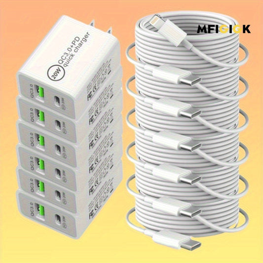 El almacén local de MFIGlGK es súper rápido Juego de cargadores MFi de 6 piezas para iPhone QC3.0 + PD - Cargador de pared súper rápido con cable USB-C MFIGlGK - Carga rápida para iPhone 14 13 11 12 Pro Max Mini Cable d
