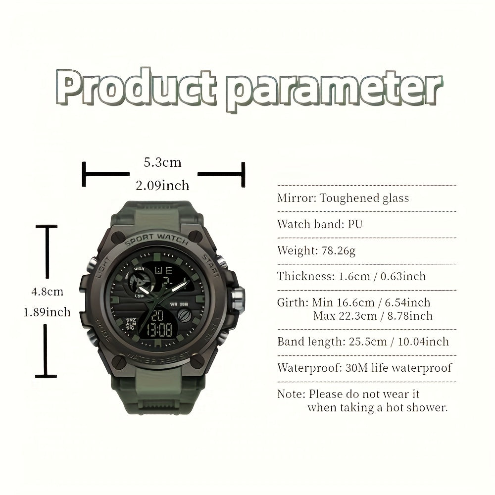 Reloj deportivo LED digital y analógico resistente para hombre (hasta 30 m, cronómetro, pantalla dual, correa de resina negra duradera, caja de aleación de zinc, para aventuras al aire libre).